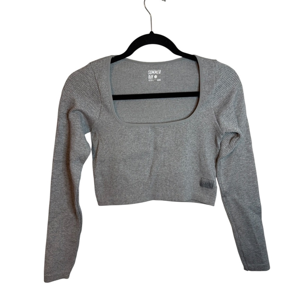 Sommer Ray Gray Ribbed Long Sleeve Cropped Active Top